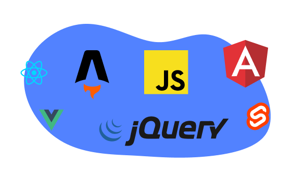 Imagem com várias tecnologias de front-end (Vue, Angular, React, Astro, JQuery)